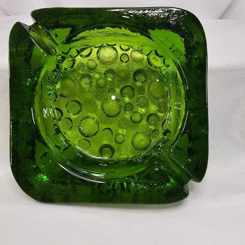 Vintage Art glass5-1/4" Square Translucent Green Heavy Glass Bubble Bottom.